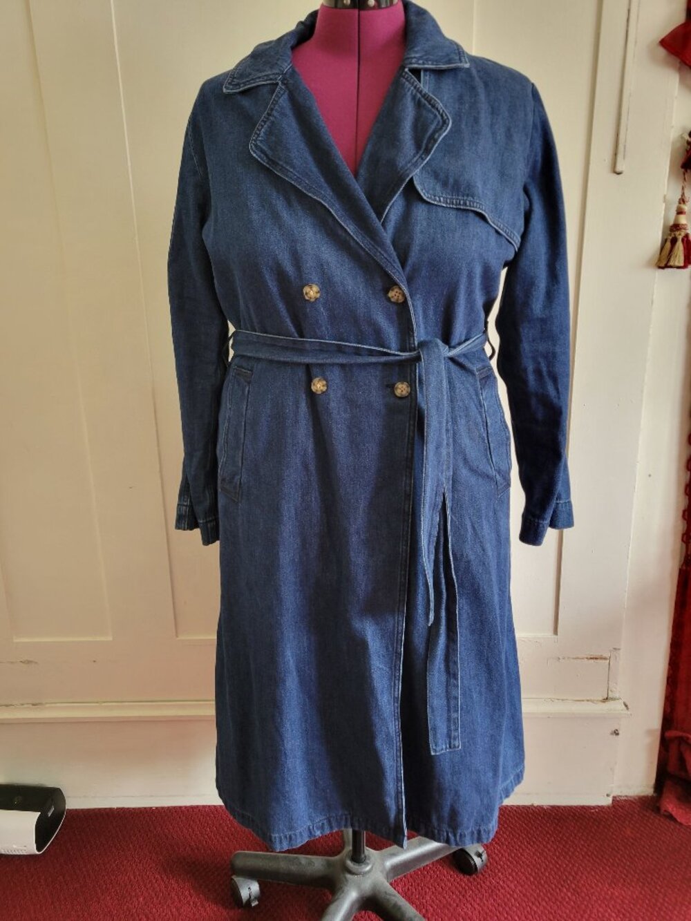 A.N.A. WOMENS XL LONG BLUE DENIM TRENCH COAT Double-Breasted Vintage 100% Cotton